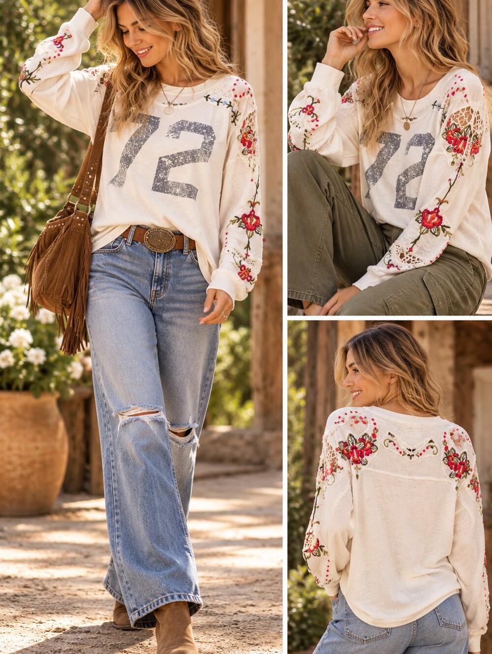 We The Free White Embroidered Lace Sleeve '72' Long Sleeve Top